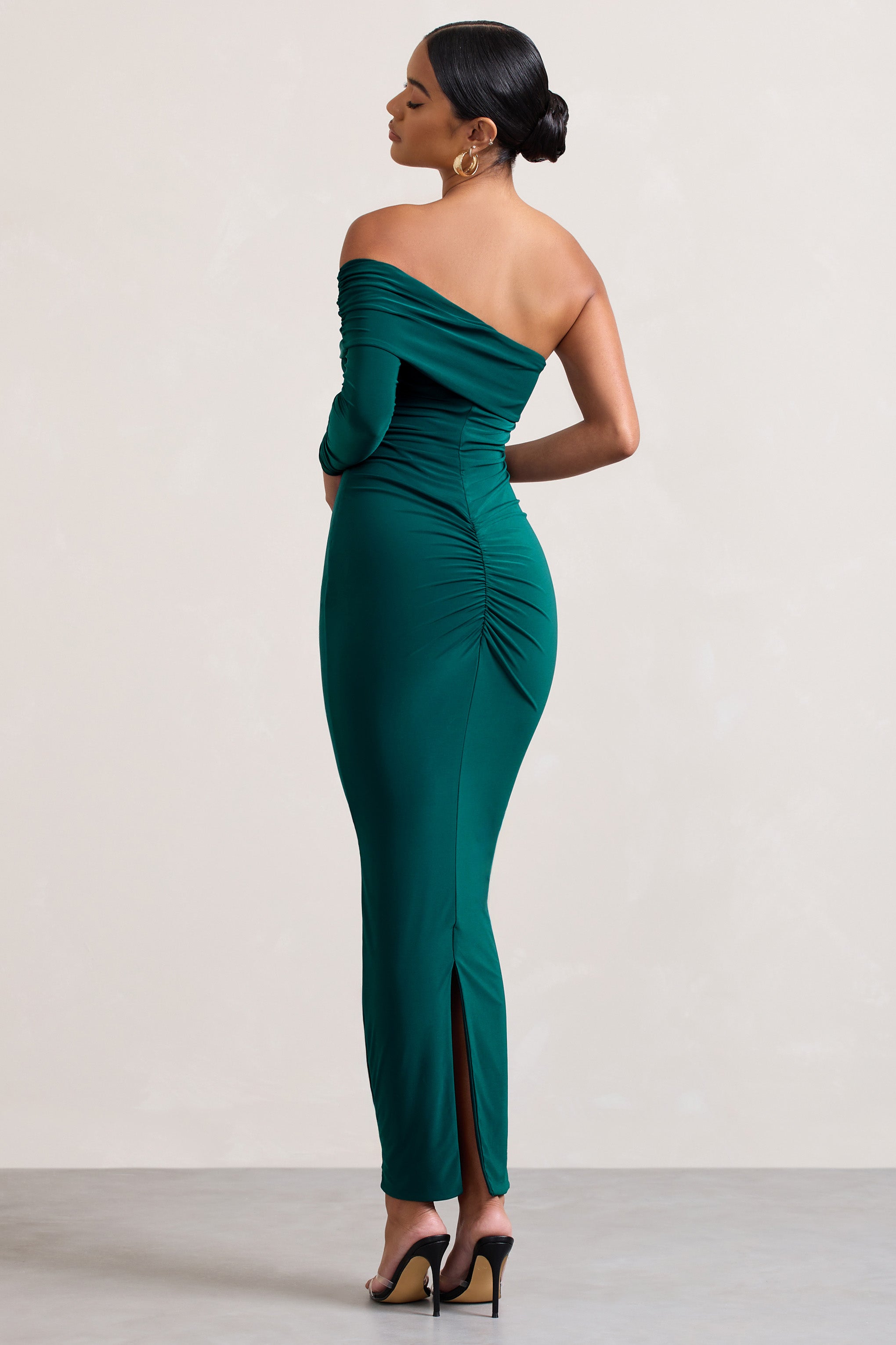 Afterparty Bottle Green Ruched Asymmetric Bodycon Maxi Dress-Fashionmomo.All Rights Reserved