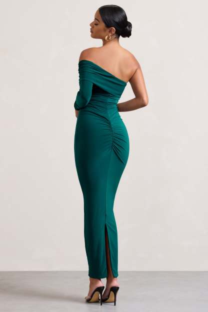 Afterparty Bottle Green Ruched Asymmetric Bodycon Maxi Dress-Fashionmomo.All Rights Reserved