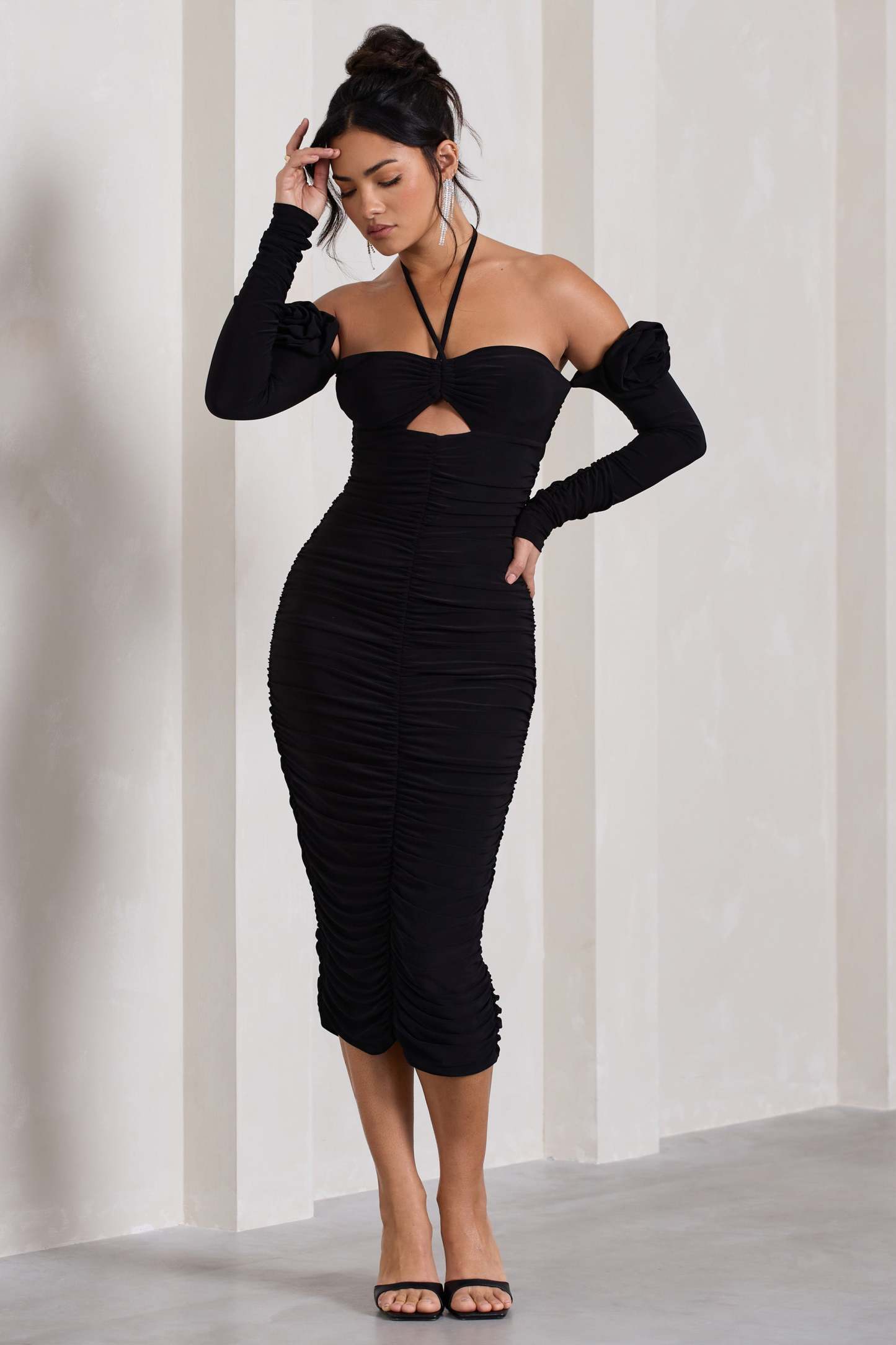 Extra Special Black Ruched Halter-Neck Midi Dress With Flowers-Fashionmomo.All Rights Reserved