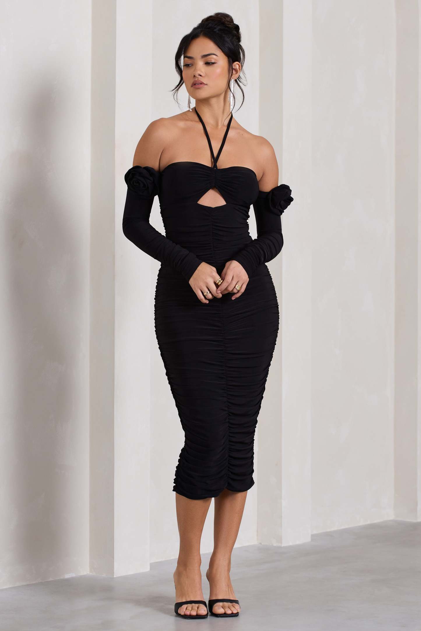 Extra Special Black Ruched Halter-Neck Midi Dress With Flowers-Fashionmomo.All Rights Reserved