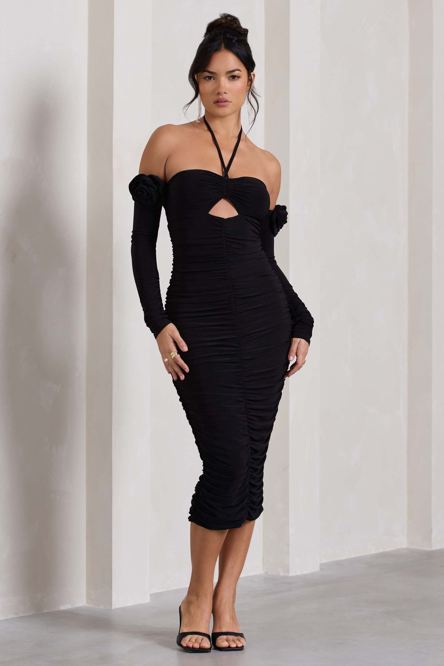 Extra Special Black Ruched Halter-Neck Midi Dress With Flowers-Fashionmomo.All Rights Reserved