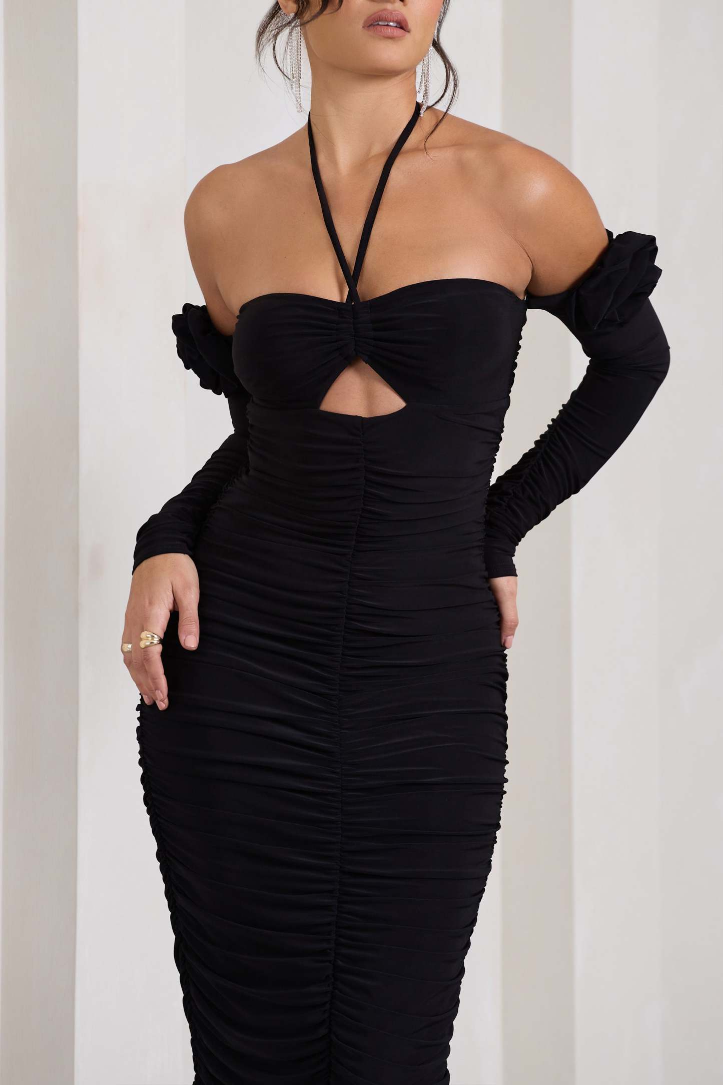 Extra Special Black Ruched Halter-Neck Midi Dress With Flowers-Fashionmomo.All Rights Reserved