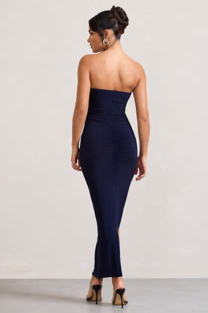 Evita Navy Sweetheart Twist Detail Maxi Dress-Fashionmomo.All Rights Reserved