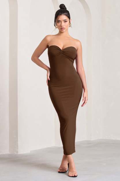 Evita Chocolate Sweetheart Twist Detail Maxi Dress-Fashionmomo.All Rights Reserved