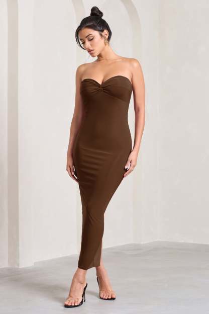 Evita Chocolate Sweetheart Twist Detail Maxi Dress-Fashionmomo.All Rights Reserved
