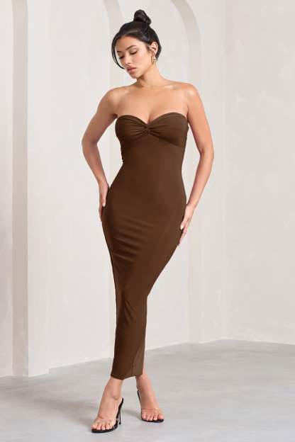 Evita Chocolate Sweetheart Twist Detail Maxi Dress-Fashionmomo.All Rights Reserved