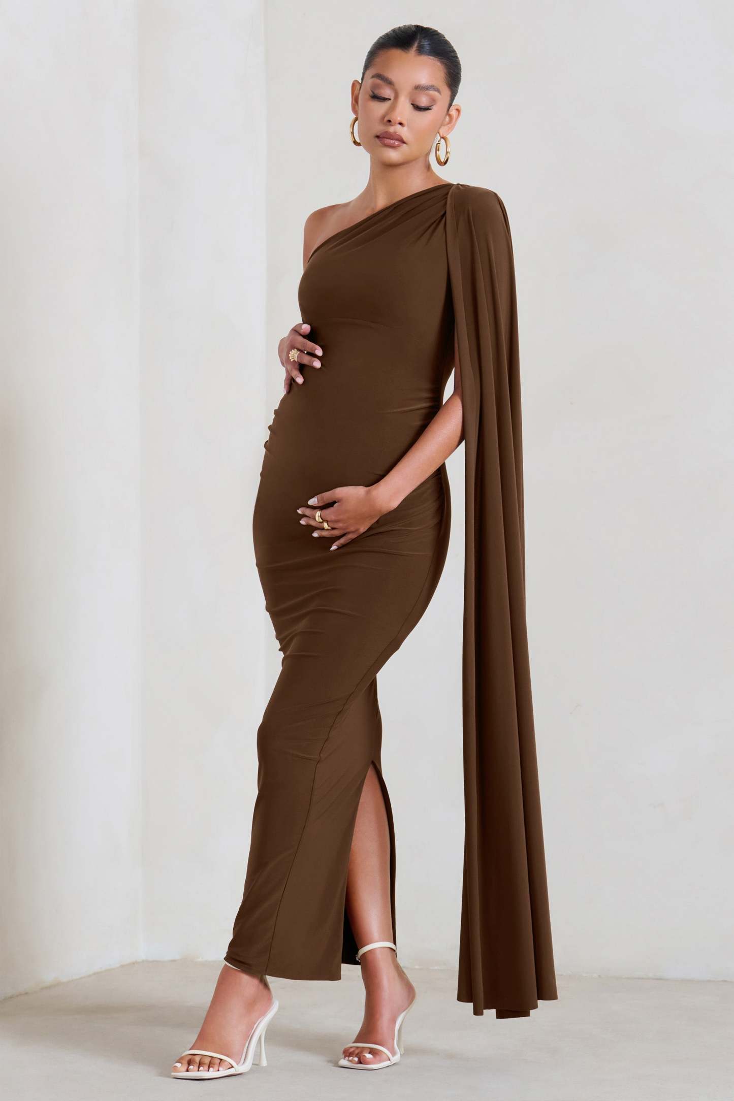 Amaryllis Chocolate Maternity One Shoulder Maxi Dress with Cape Sleeve-Fashionmomo.All Rights Reserved
