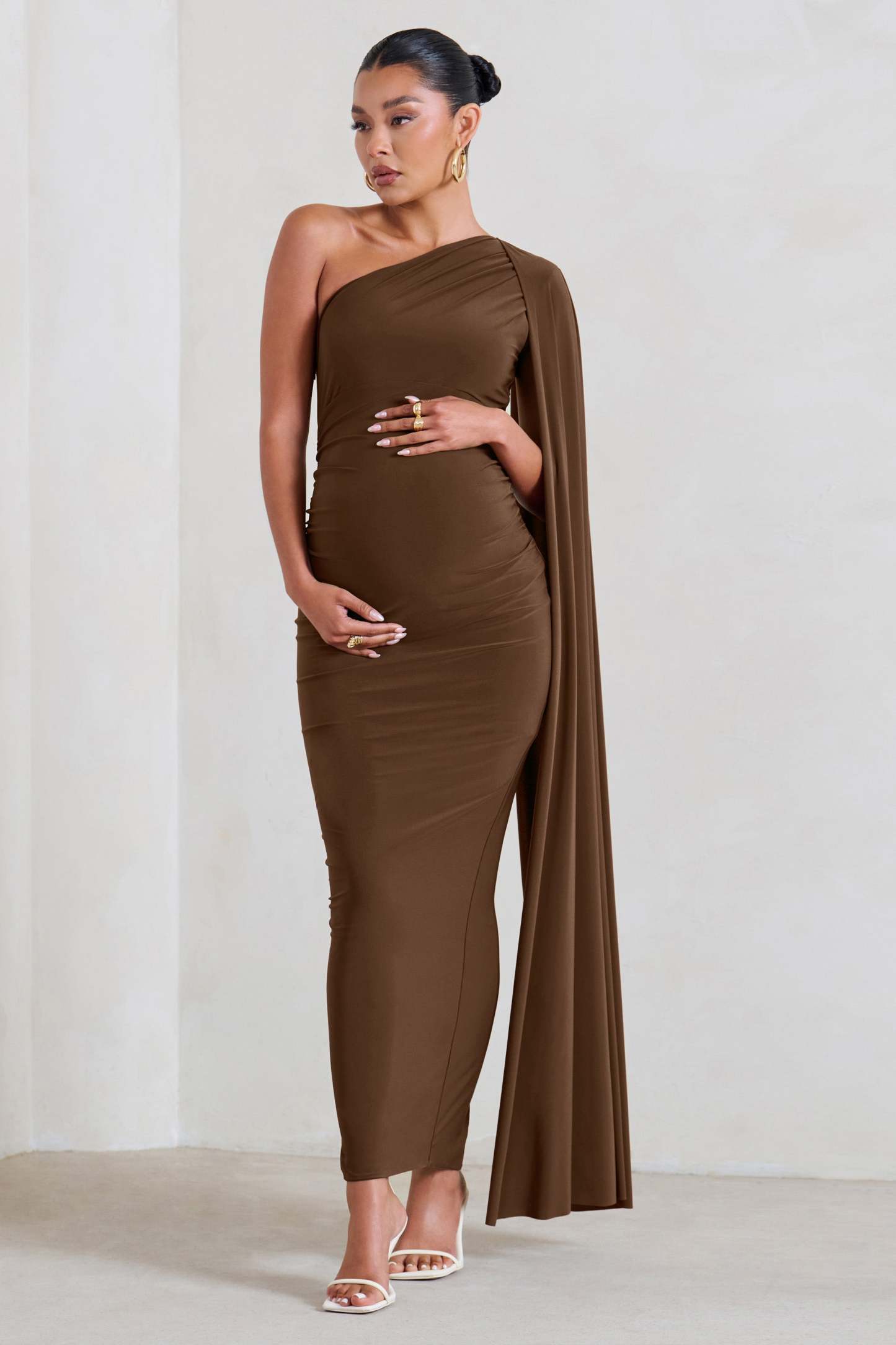 Amaryllis Chocolate Maternity One Shoulder Maxi Dress with Cape Sleeve-Fashionmomo.All Rights Reserved