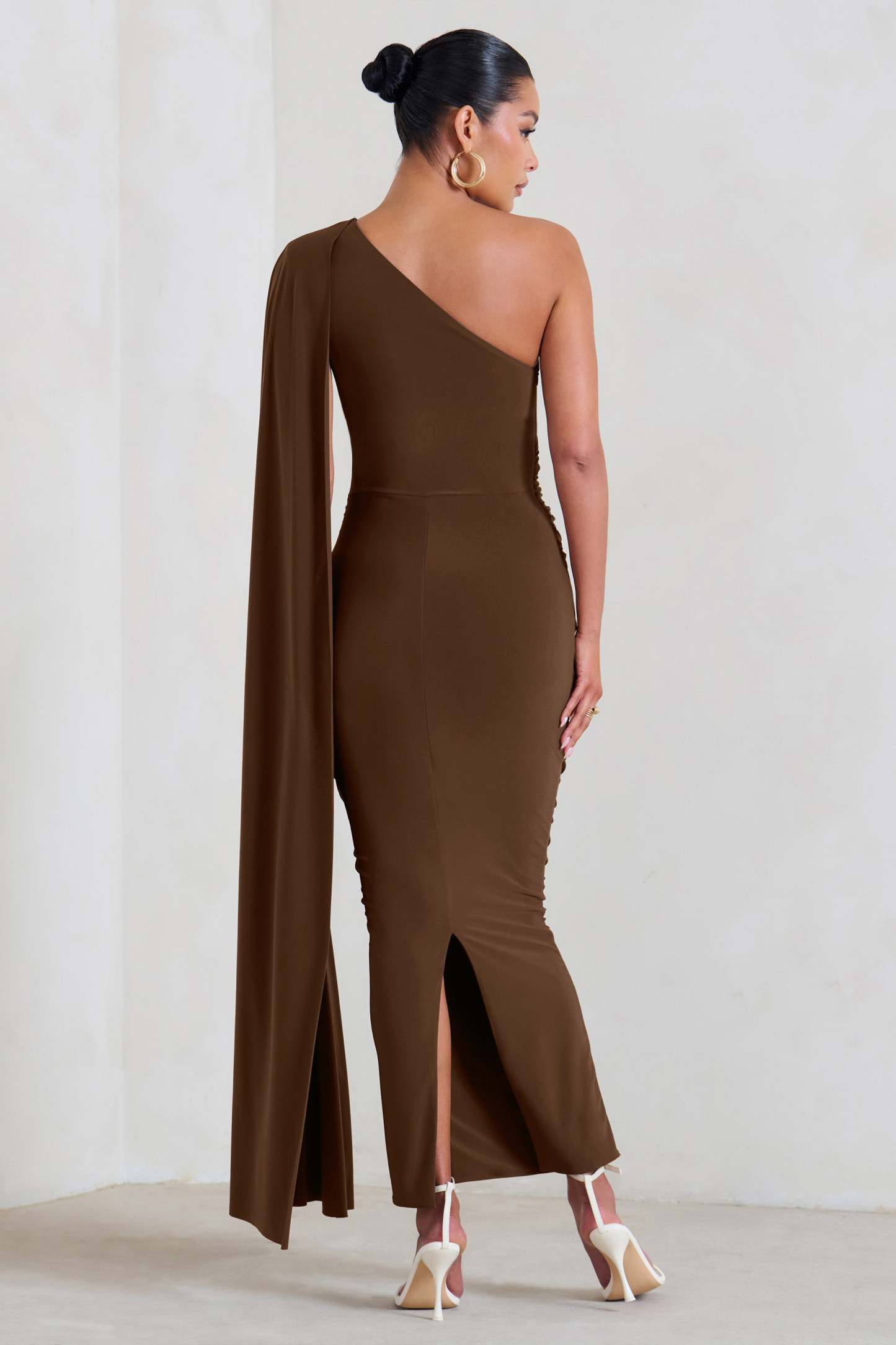 Amaryllis Chocolate Maternity One Shoulder Maxi Dress with Cape Sleeve-Fashionmomo.All Rights Reserved