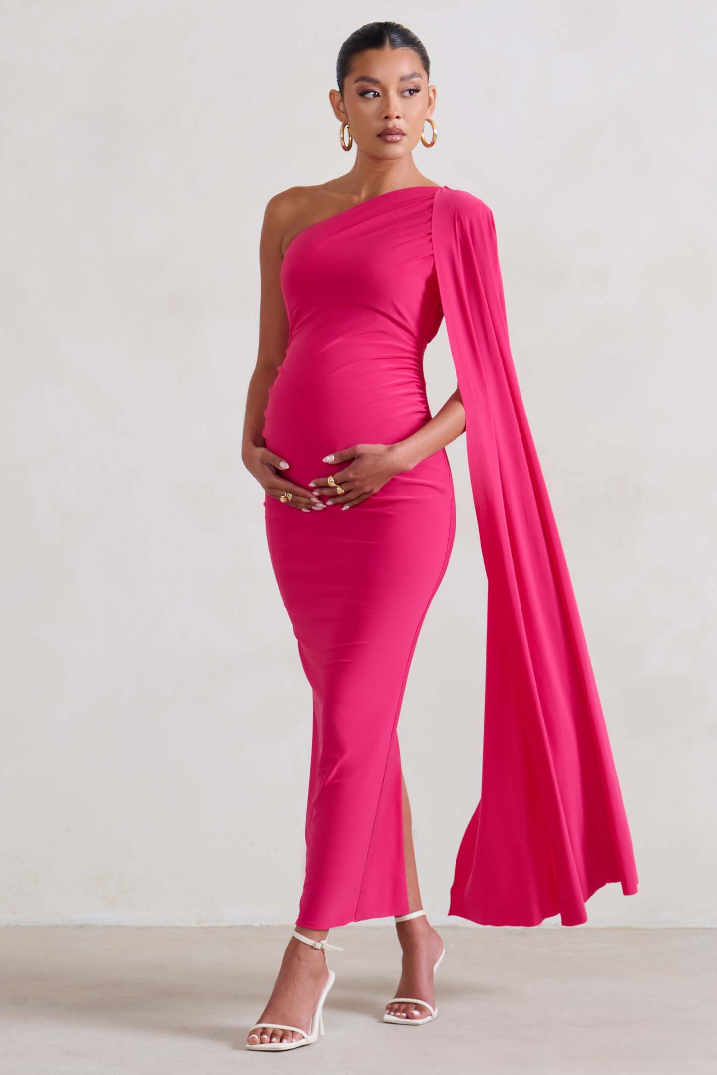 Amaryllis Hot Pink Maternity One Shoulder Maxi Dress with Cape Sleeve-Fashionmomo.All Rights Reserved