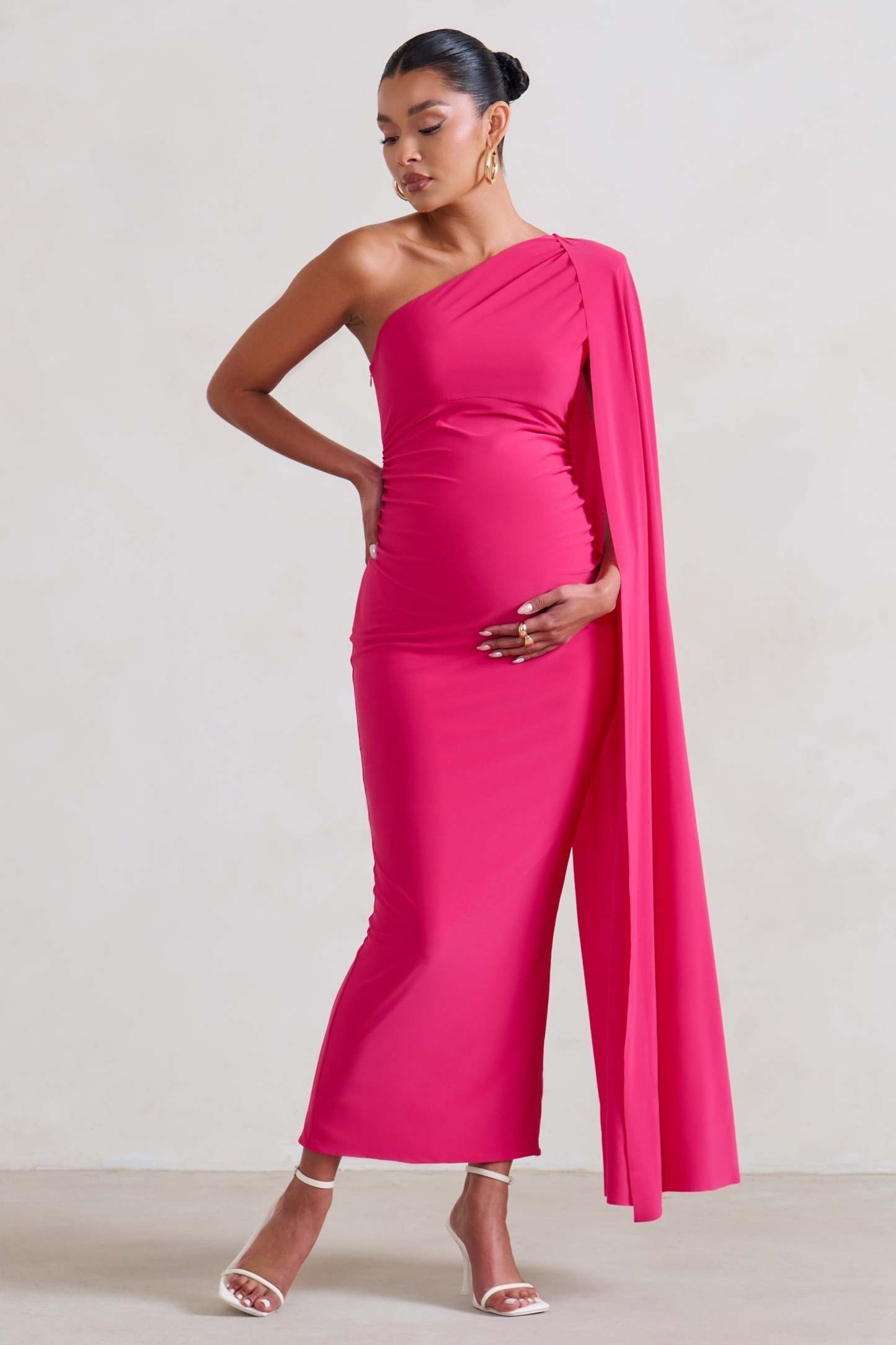 Amaryllis Hot Pink Maternity One Shoulder Maxi Dress with Cape Sleeve-Fashionmomo.All Rights Reserved