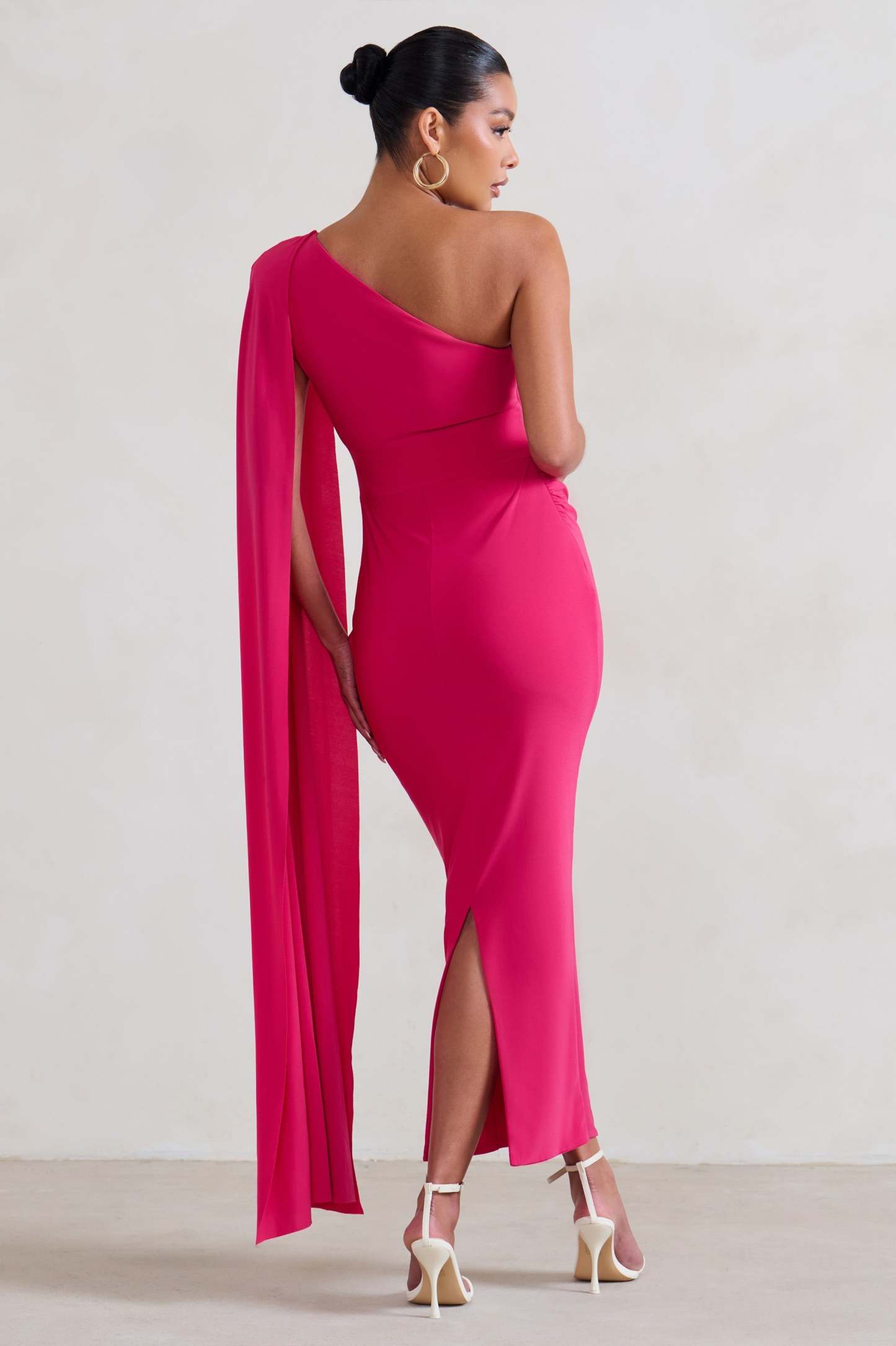 Amaryllis Hot Pink Maternity One Shoulder Maxi Dress with Cape Sleeve-Fashionmomo.All Rights Reserved