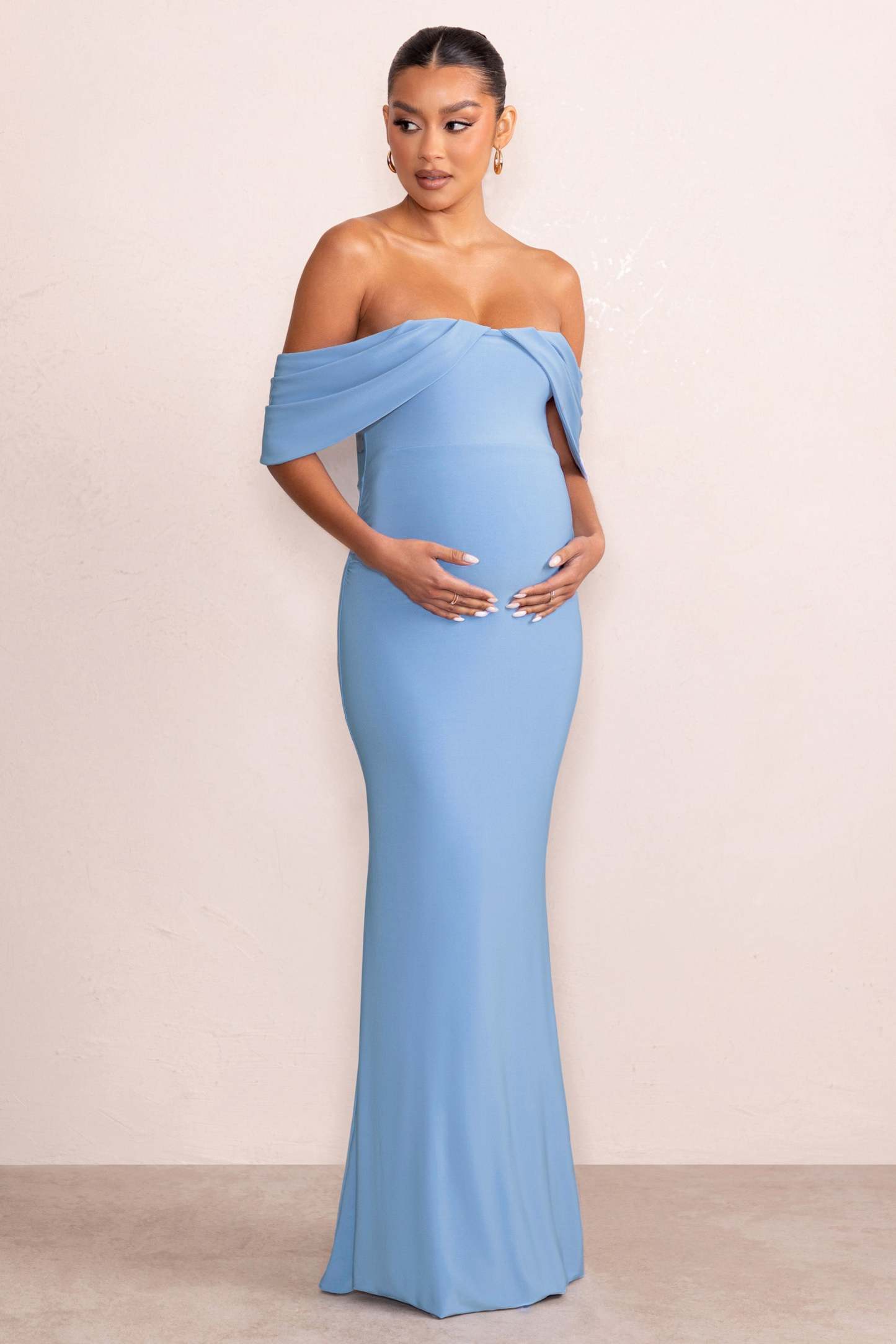 Asha Powder Blue Draped Sleeve Bardot Maternity Maxi Dress-Fashionmomo.All Rights Reserved