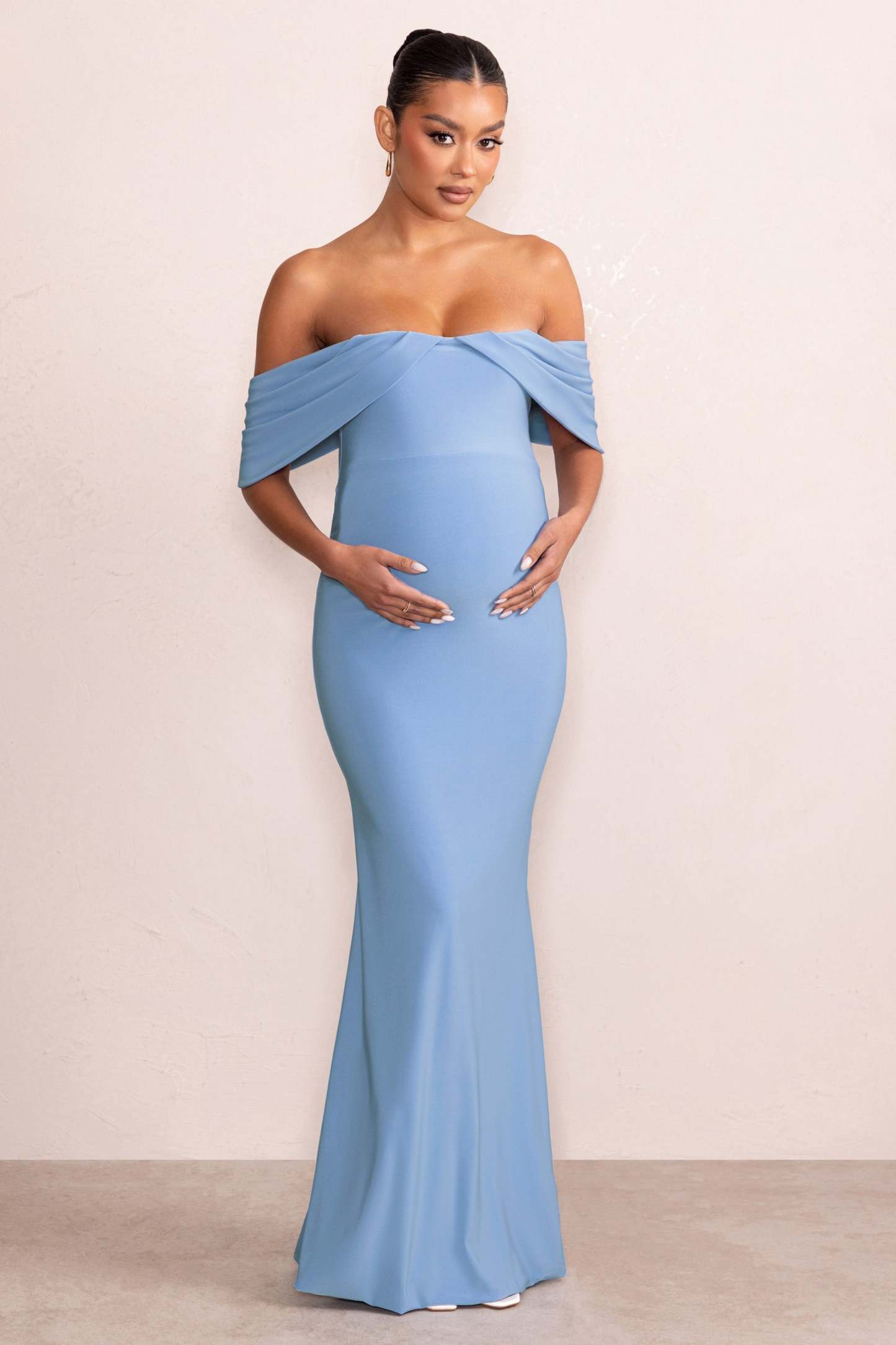 Asha Powder Blue Draped Sleeve Bardot Maternity Maxi Dress-Fashionmomo.All Rights Reserved