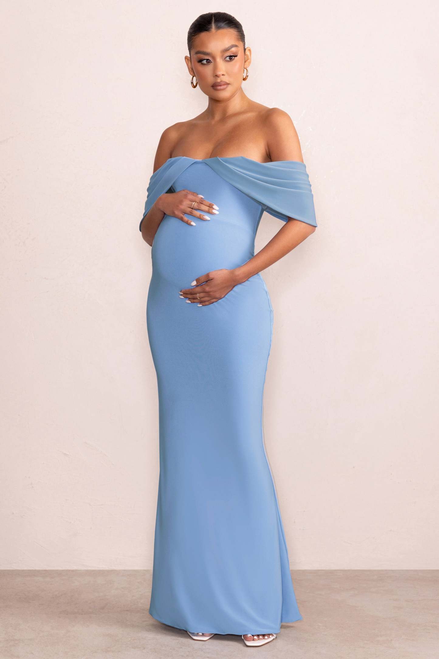 Asha Powder Blue Draped Sleeve Bardot Maternity Maxi Dress-Fashionmomo.All Rights Reserved