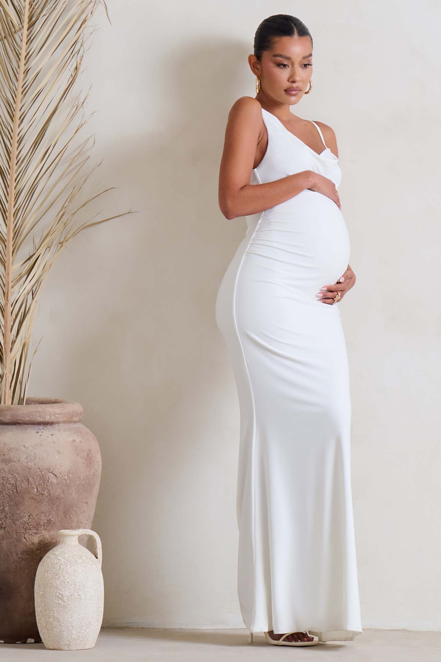 Phantasy White Maternity Cowl Neck Maxi Dress-Fashionmomo.All Rights Reserved