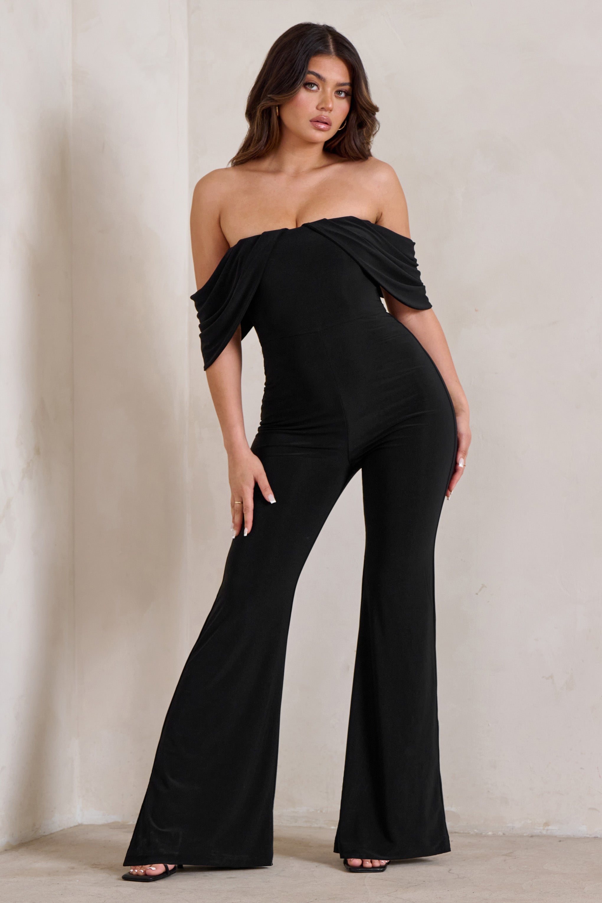 Bonnie Black Bardot Drape Sleeve Jumpsuit-Fashionmomo.All Rights Reserved