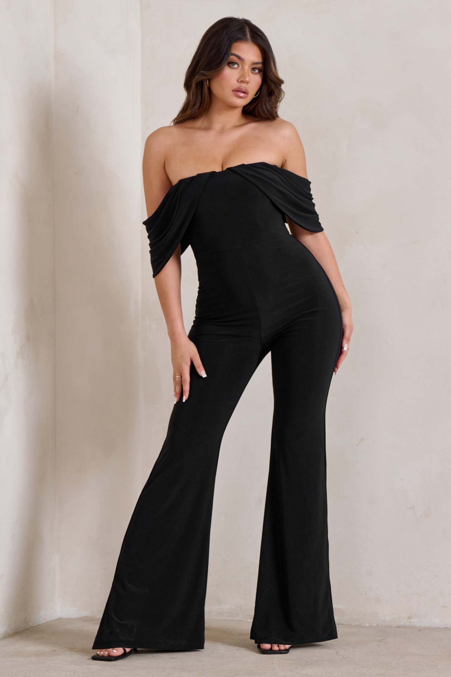 Bonnie Black Bardot Drape Sleeve Jumpsuit-Fashionmomo.All Rights Reserved