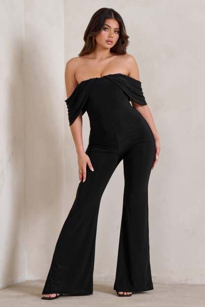 Bonnie Black Bardot Drape Sleeve Jumpsuit-Fashionmomo.All Rights Reserved
