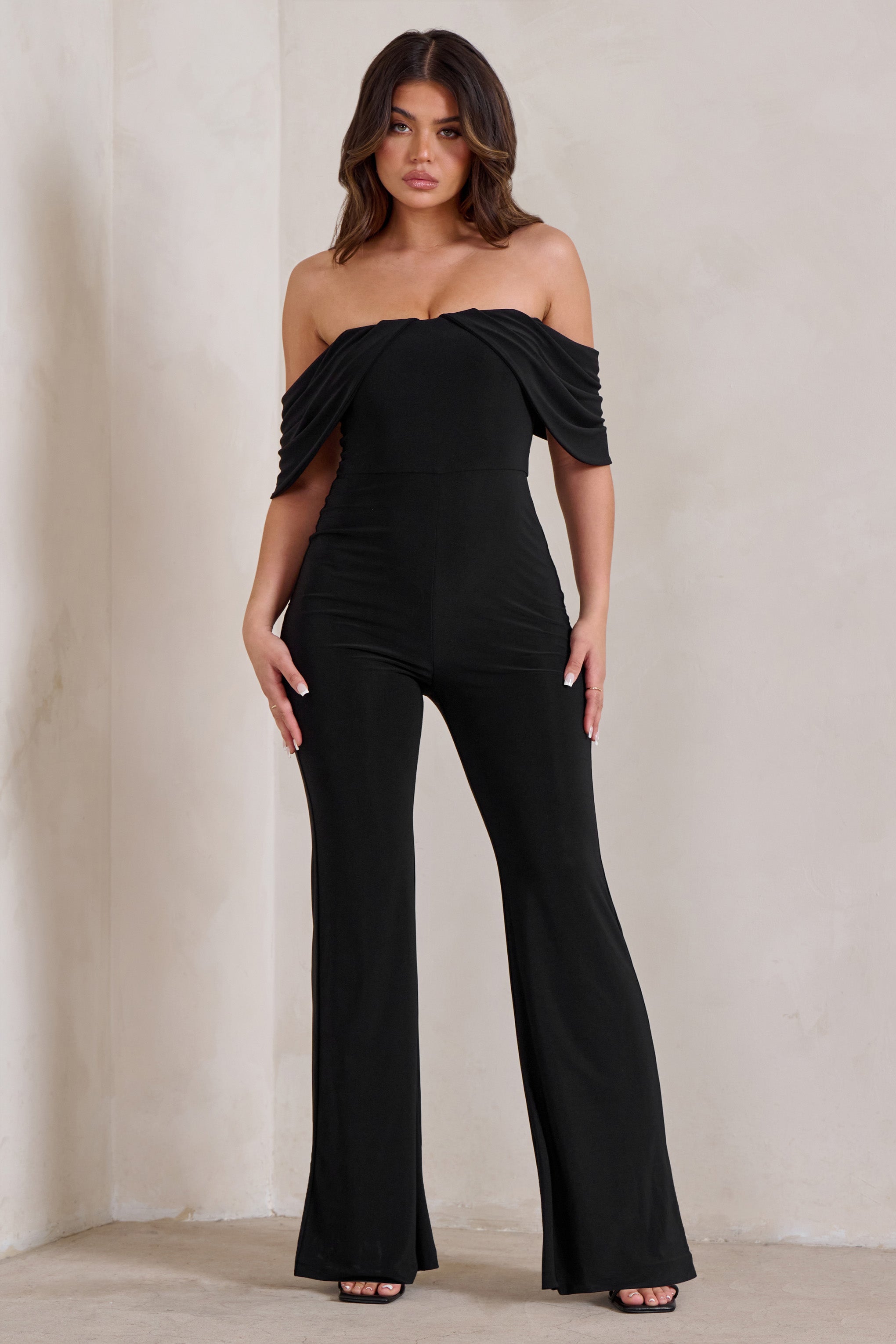 Bonnie Black Bardot Drape Sleeve Jumpsuit-Fashionmomo.All Rights Reserved
