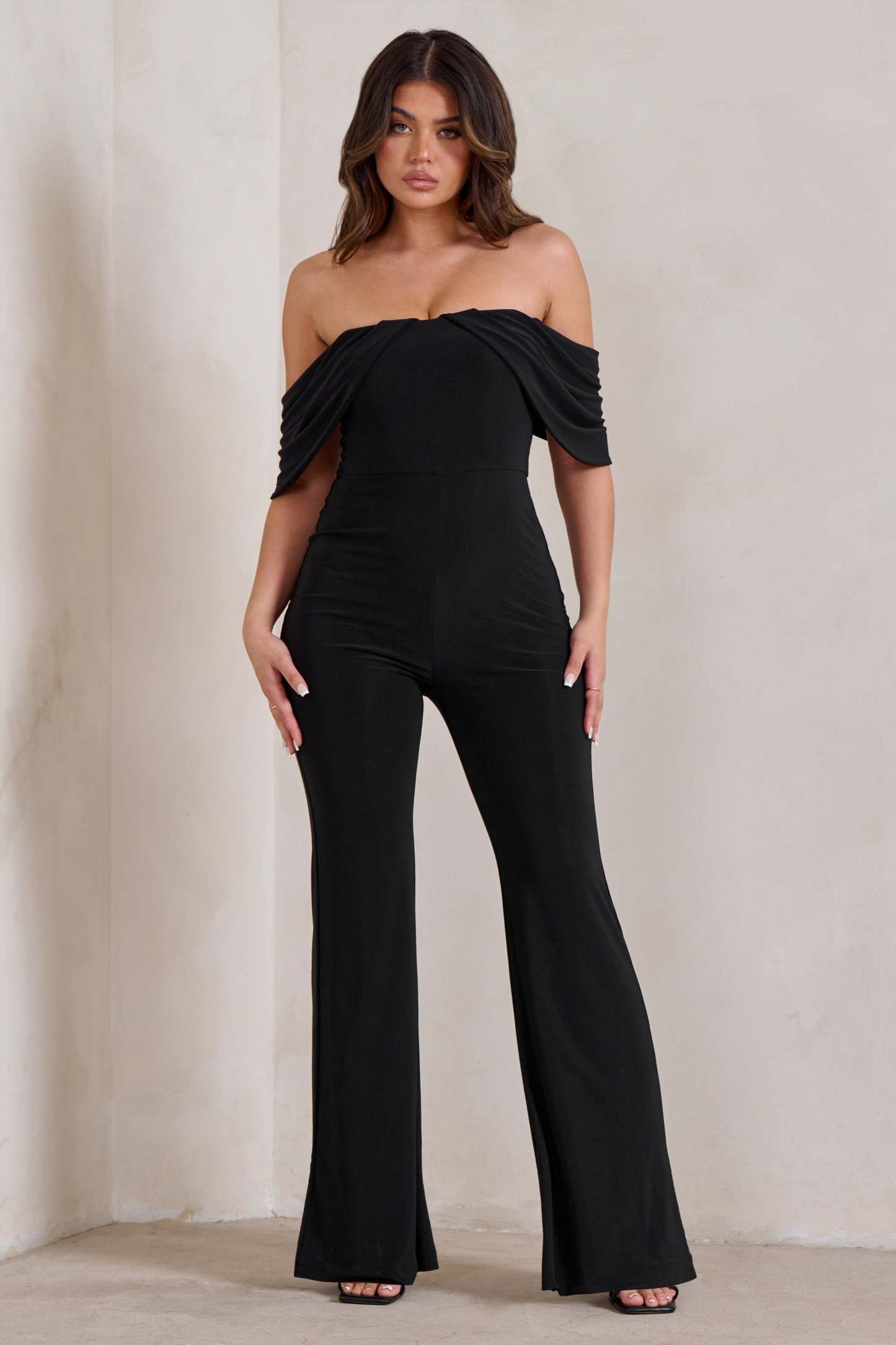 Bonnie Black Bardot Drape Sleeve Jumpsuit-Fashionmomo.All Rights Reserved