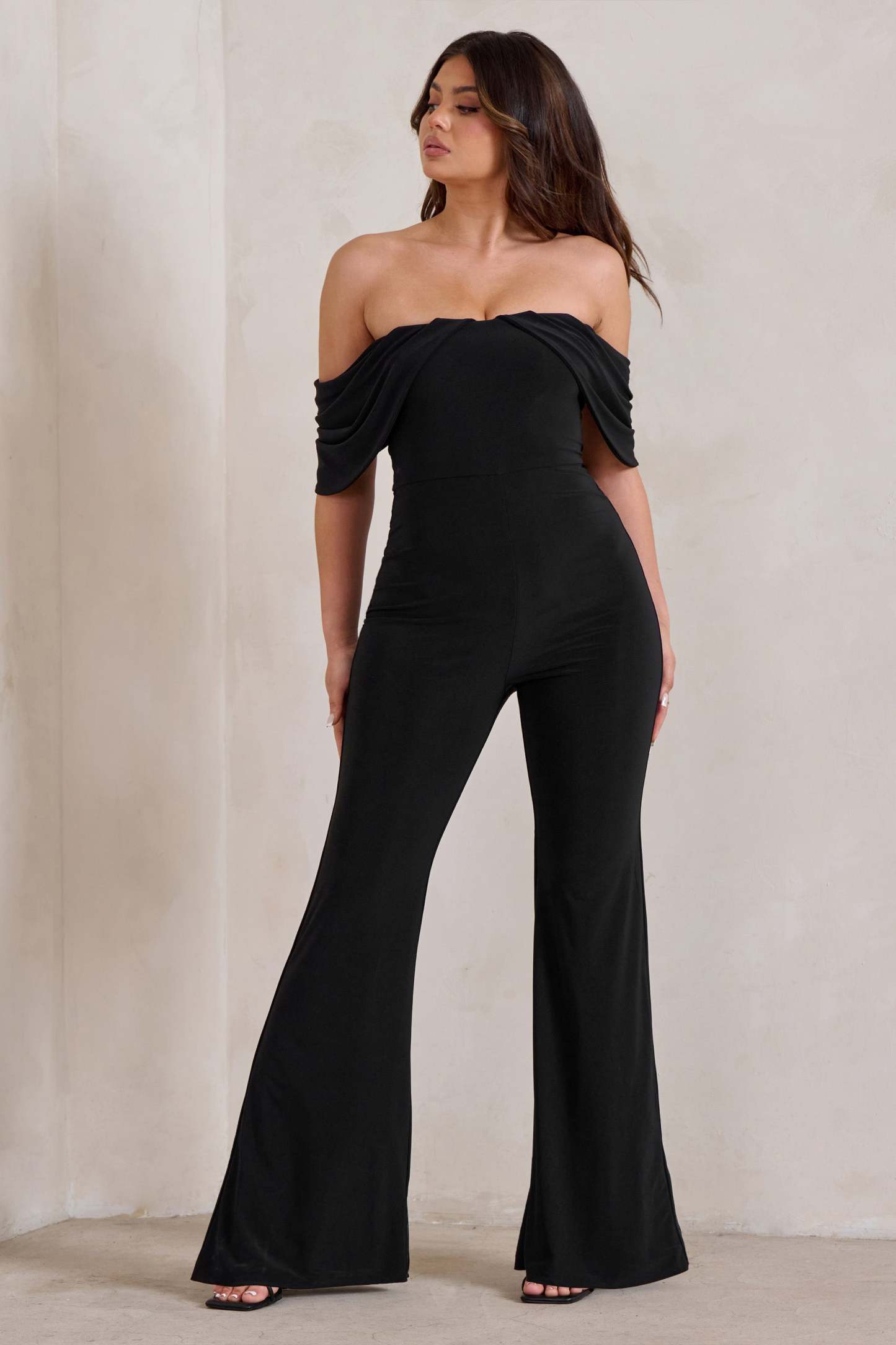 Bonnie Black Bardot Drape Sleeve Jumpsuit-Fashionmomo.All Rights Reserved