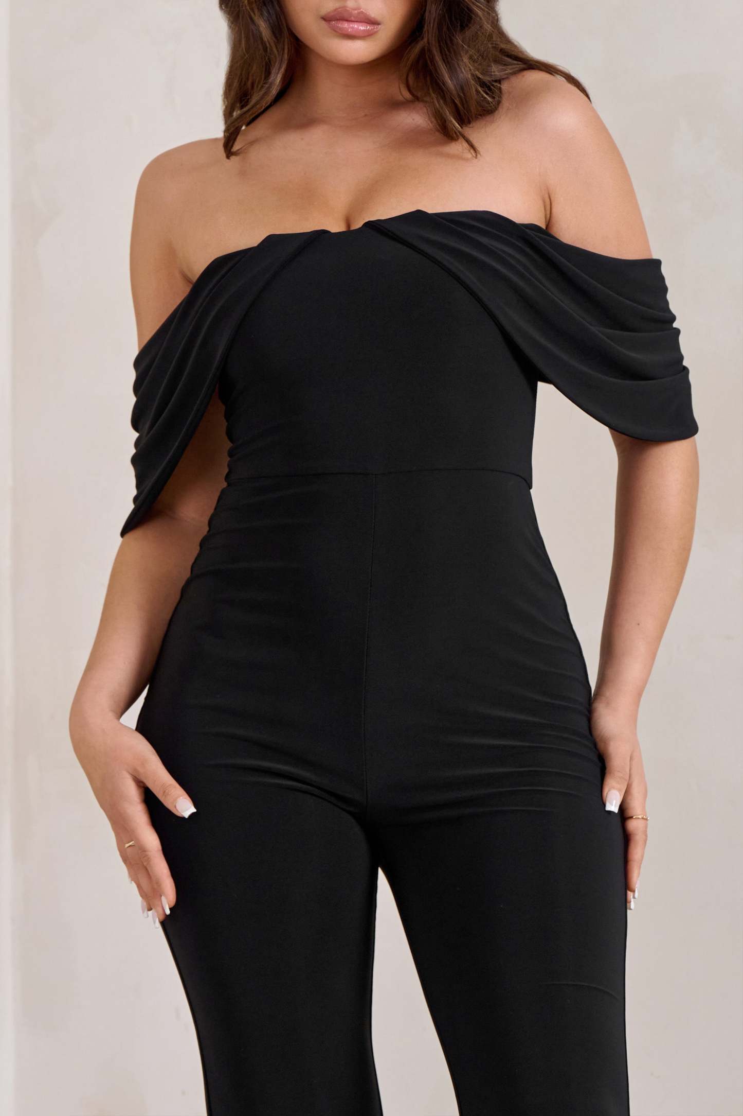 Bonnie Black Bardot Drape Sleeve Jumpsuit-Fashionmomo.All Rights Reserved