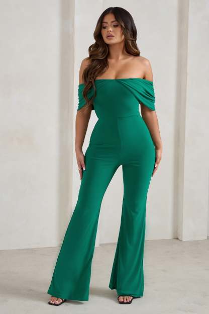 Bonnie Green Bardot Drape Sleeve Jumpsuit-Fashionmomo.All Rights Reserved