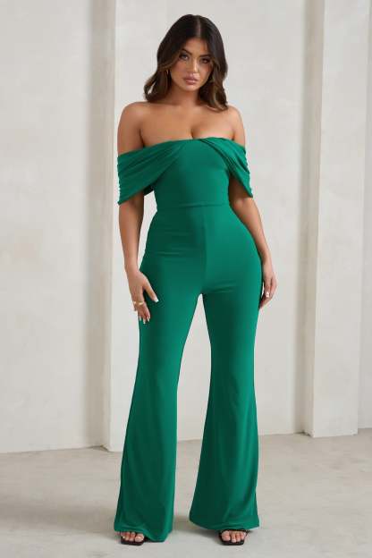 Bonnie Green Bardot Drape Sleeve Jumpsuit-Fashionmomo.All Rights Reserved