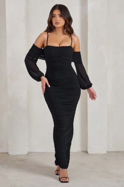 Announcement Black Bardot Mesh Ruched Maxi Dress-Fashionmomo.All Rights Reserved