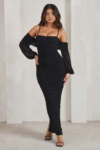 Announcement Black Bardot Mesh Ruched Maxi Dress-Fashionmomo.All Rights Reserved