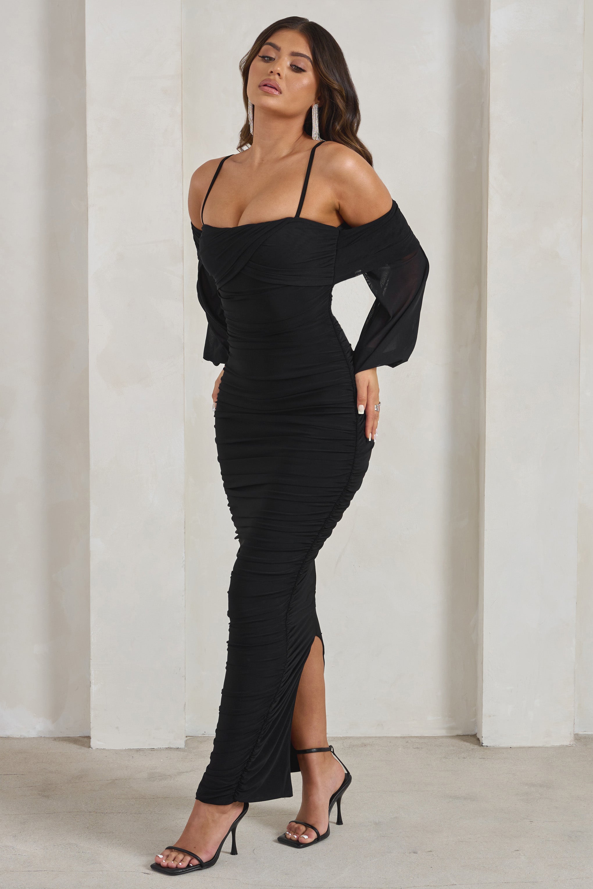 Announcement Black Bardot Mesh Ruched Maxi Dress-Fashionmomo.All Rights Reserved