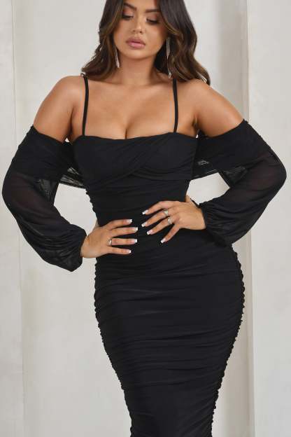 Announcement Black Bardot Mesh Ruched Maxi Dress-Fashionmomo.All Rights Reserved