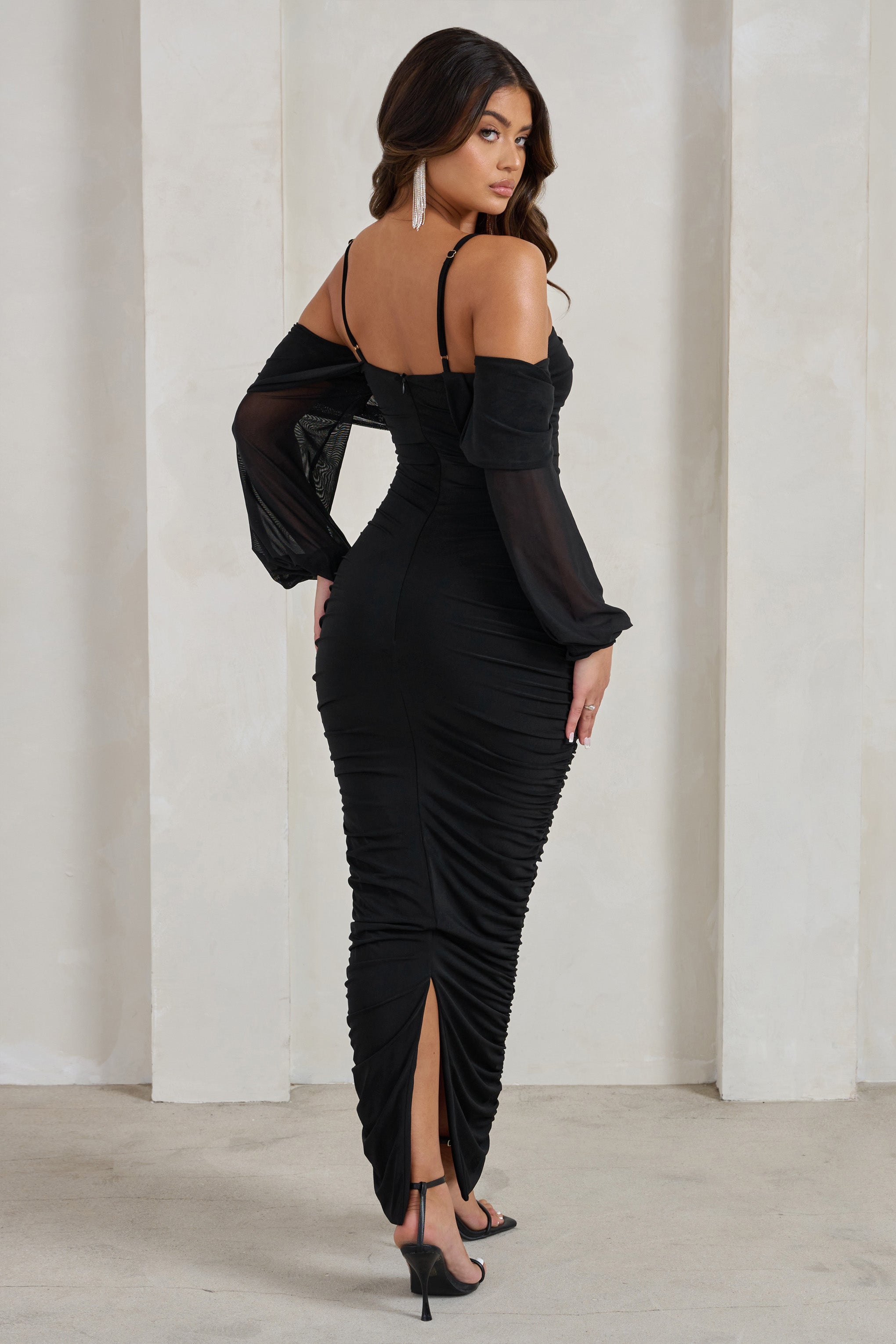 Announcement Black Bardot Mesh Ruched Maxi Dress-Fashionmomo.All Rights Reserved
