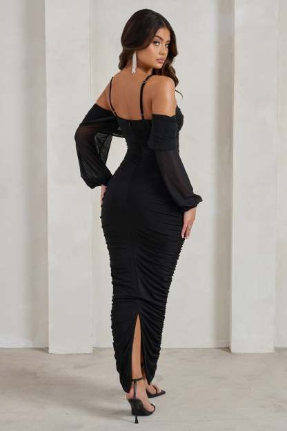 Announcement Black Bardot Mesh Ruched Maxi Dress-Fashionmomo.All Rights Reserved