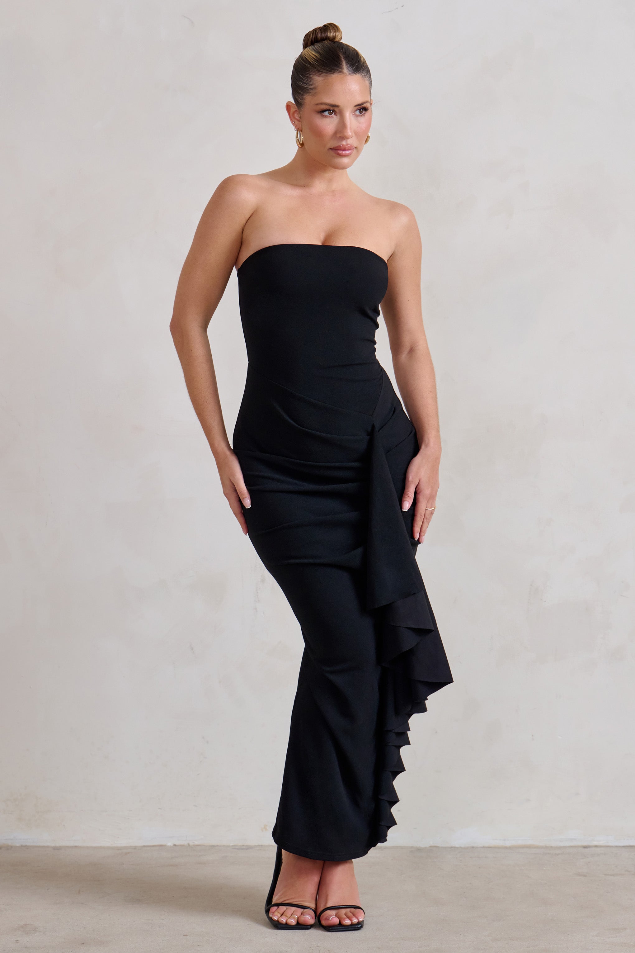 Fleur Black Bandeau Ruffle Maxi Dress-Fashionmomo.All Rights Reserved