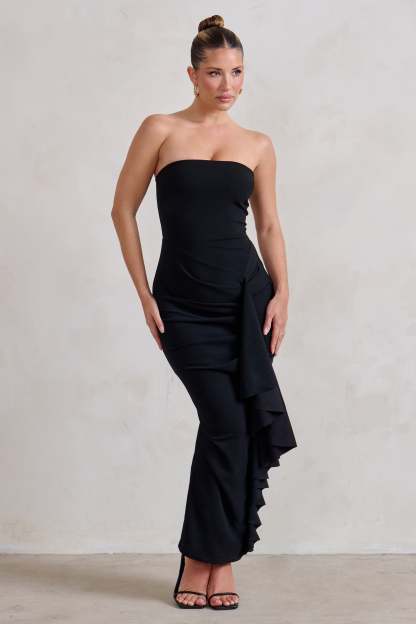 Fleur Black Bandeau Ruffle Maxi Dress-Fashionmomo.All Rights Reserved