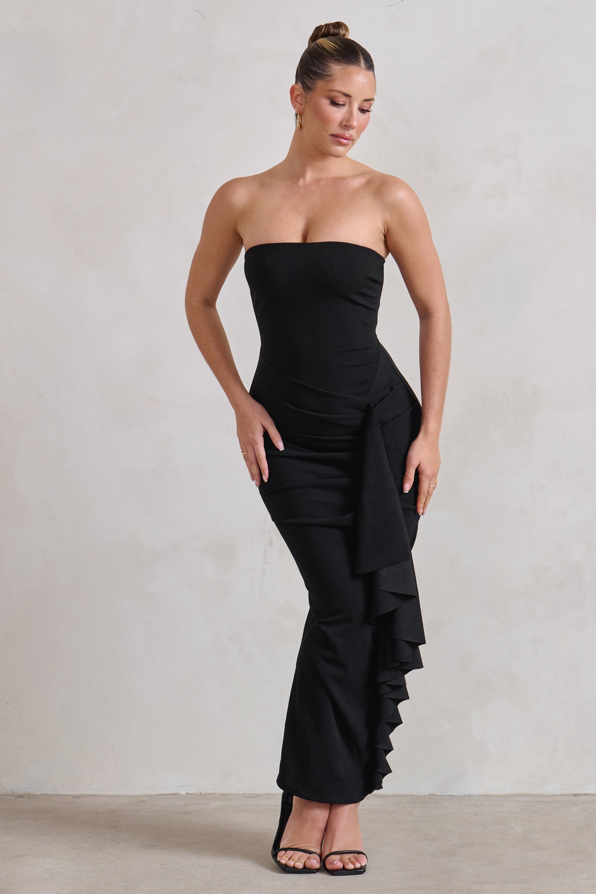 Fleur Black Bandeau Ruffle Maxi Dress-Fashionmomo.All Rights Reserved