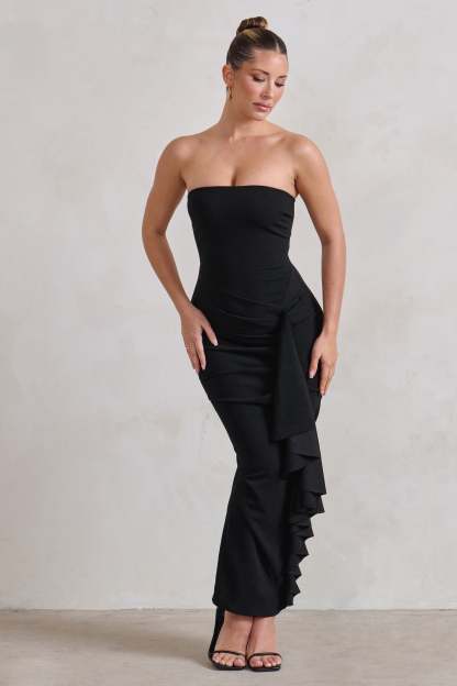 Fleur Black Bandeau Ruffle Maxi Dress-Fashionmomo.All Rights Reserved