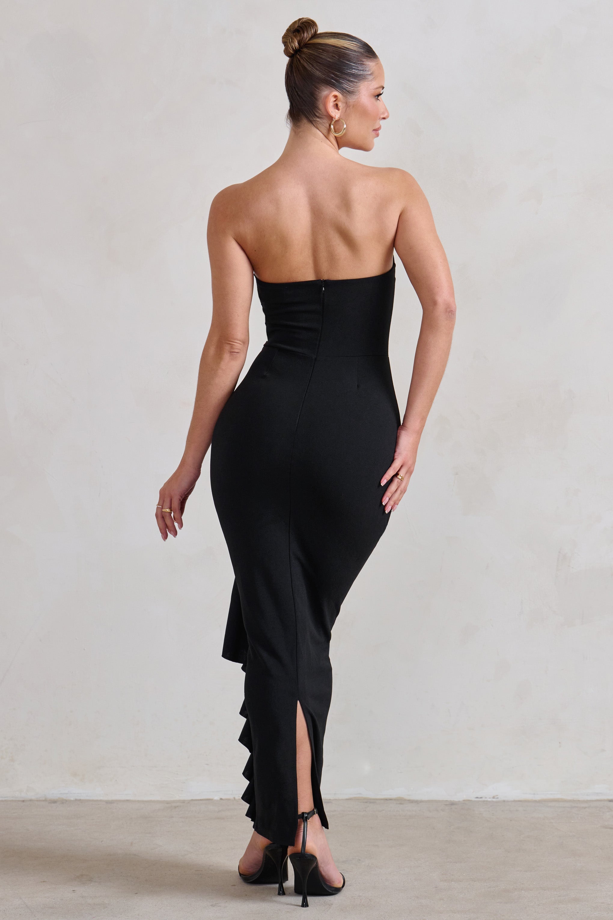 Fleur Black Bandeau Ruffle Maxi Dress-Fashionmomo.All Rights Reserved