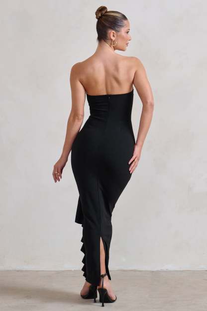 Fleur Black Bandeau Ruffle Maxi Dress-Fashionmomo.All Rights Reserved