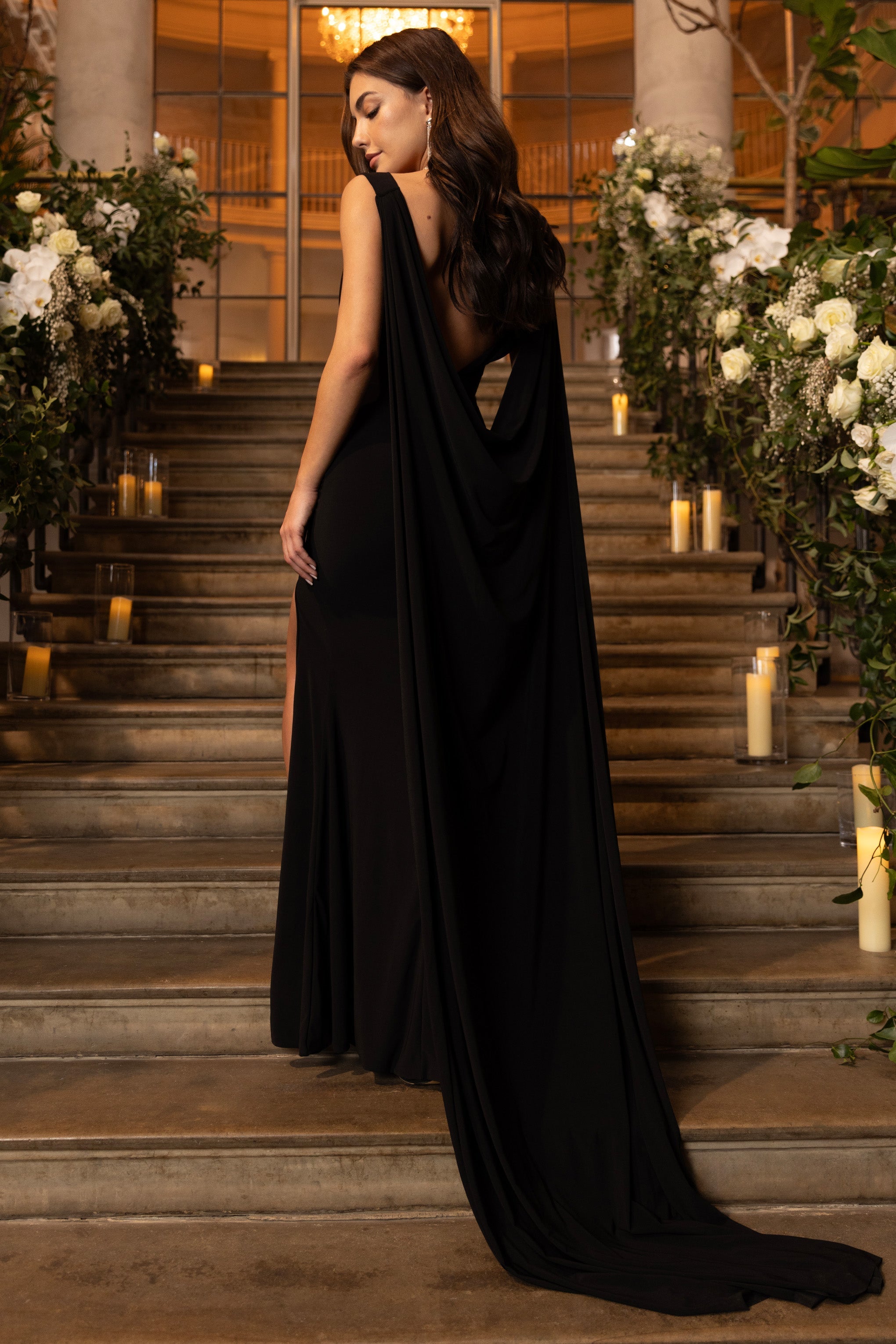 A Toast Black Split Maxi Dress With Draped Cape-Fashionmomo.All Rights Reserved