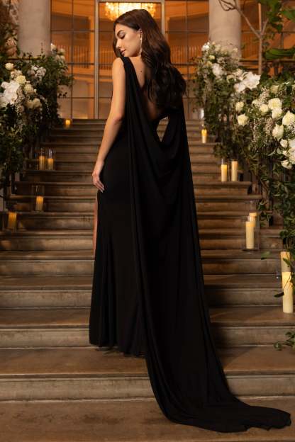 A Toast Black Split Maxi Dress With Draped Cape-Fashionmomo.All Rights Reserved