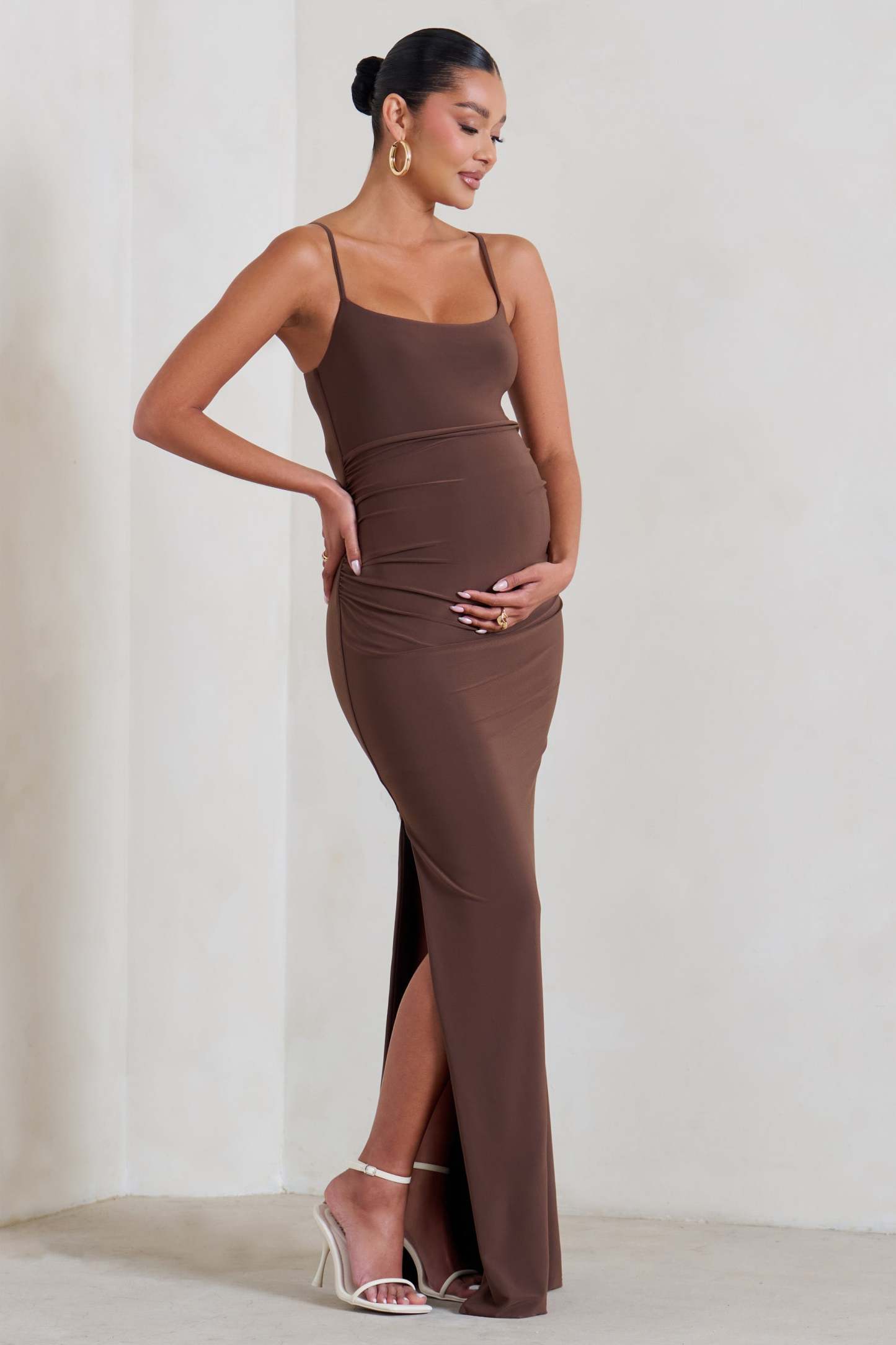 Aurelia Brown Maternity Cami Maxi Dress With Split-Fashionmomo.All Rights Reserved