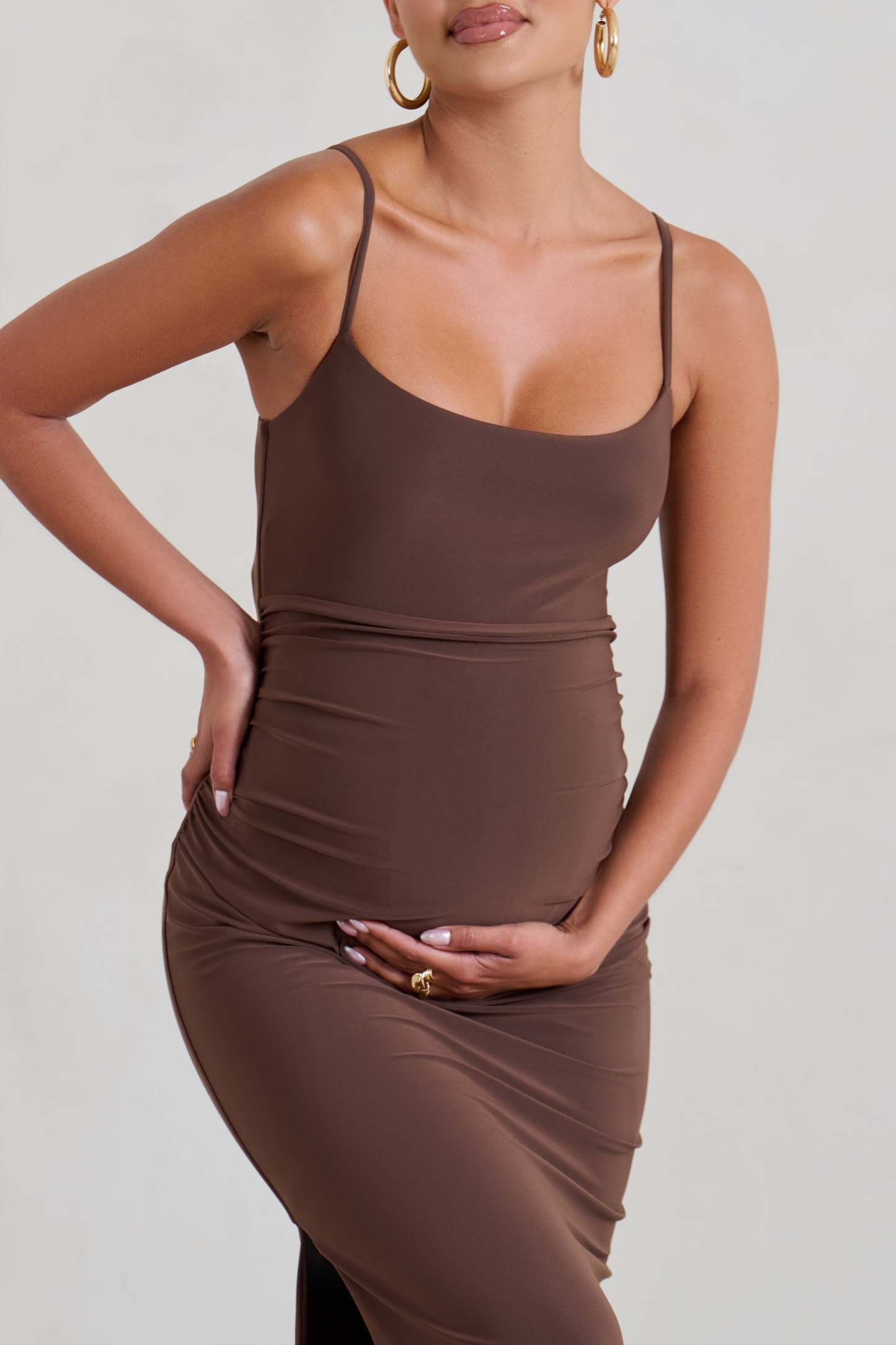 Aurelia Brown Maternity Cami Maxi Dress With Split-Fashionmomo.All Rights Reserved