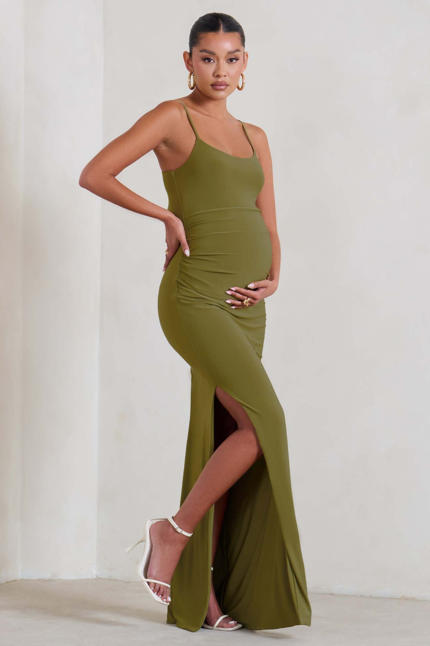 Aurelia Olive Green Maternity Cami Maxi Dress With Split-Fashionmomo.All Rights Reserved