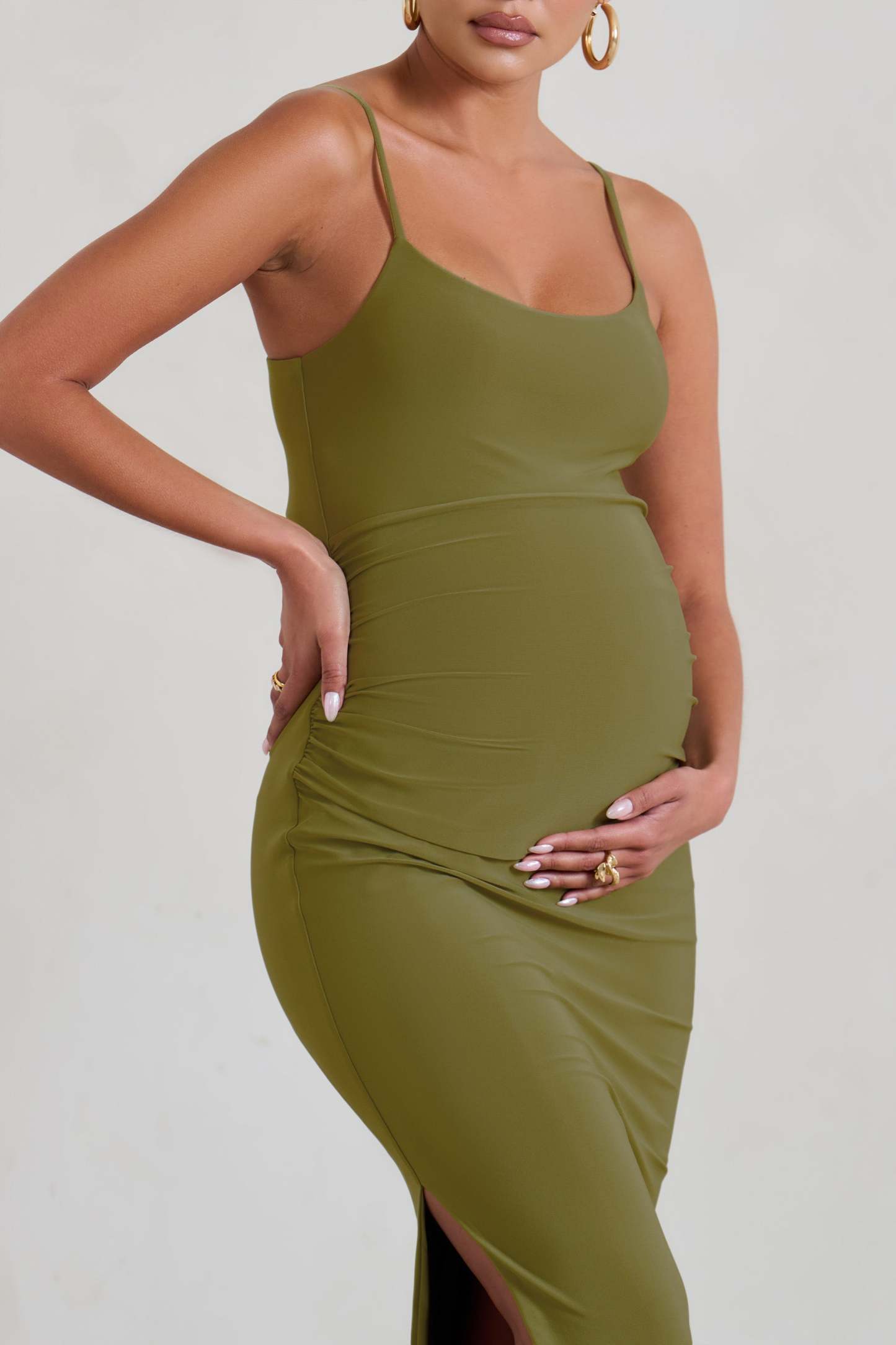 Aurelia Olive Green Maternity Cami Maxi Dress With Split-Fashionmomo.All Rights Reserved