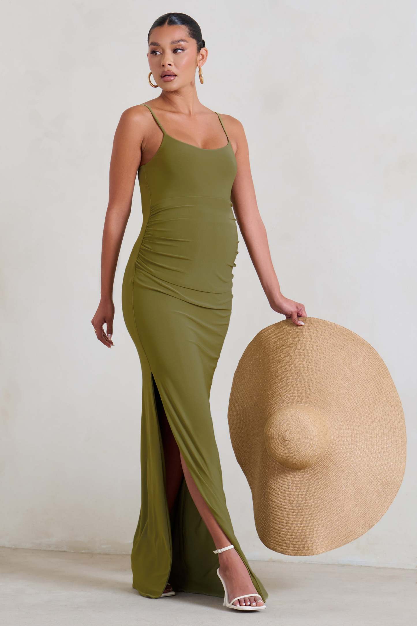 Aurelia Olive Green Maternity Cami Maxi Dress With Split-Fashionmomo.All Rights Reserved