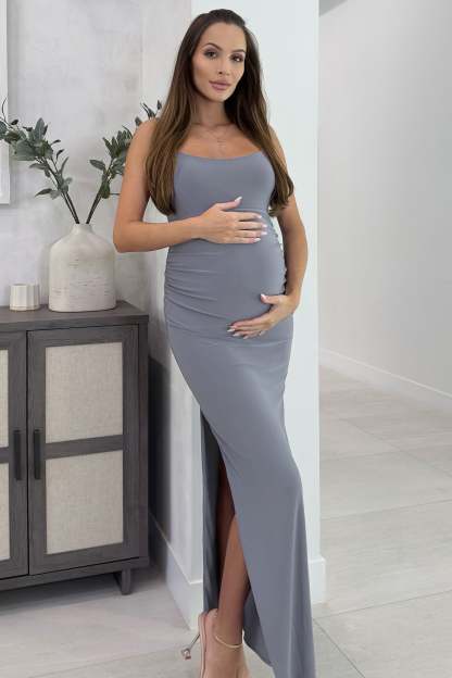 Aurelia Grey Maternity Cami Maxi Dress With Split-Fashionmomo.All Rights Reserved