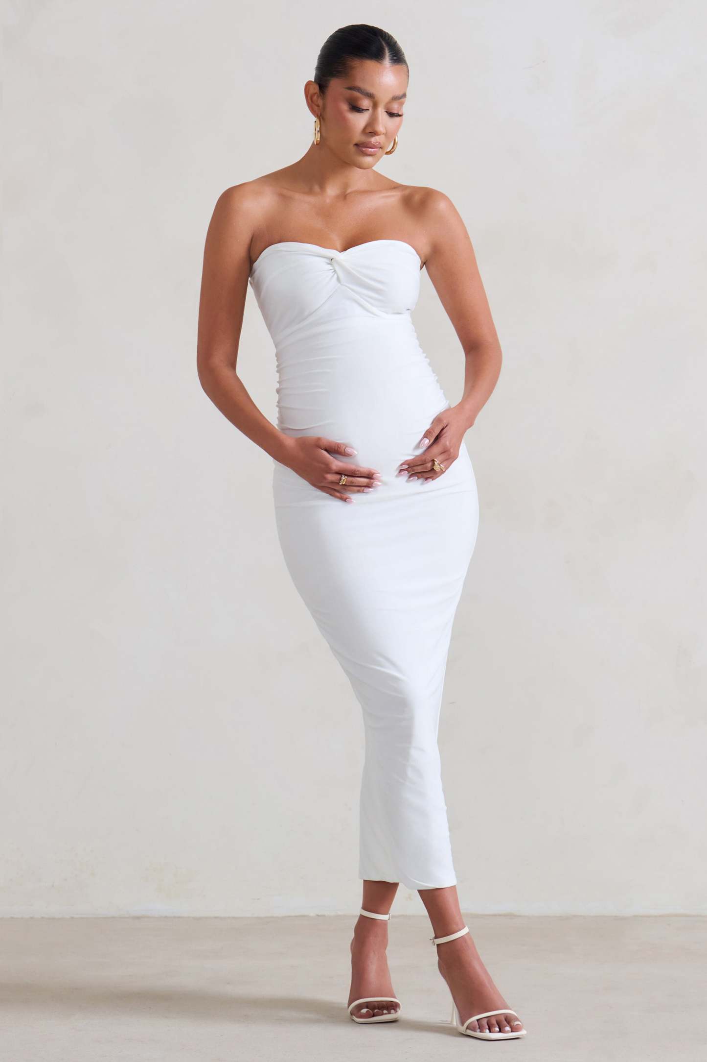 Evita White Maternity Sweetheart Twist Detail Midi Dress-Fashionmomo.All Rights Reserved
